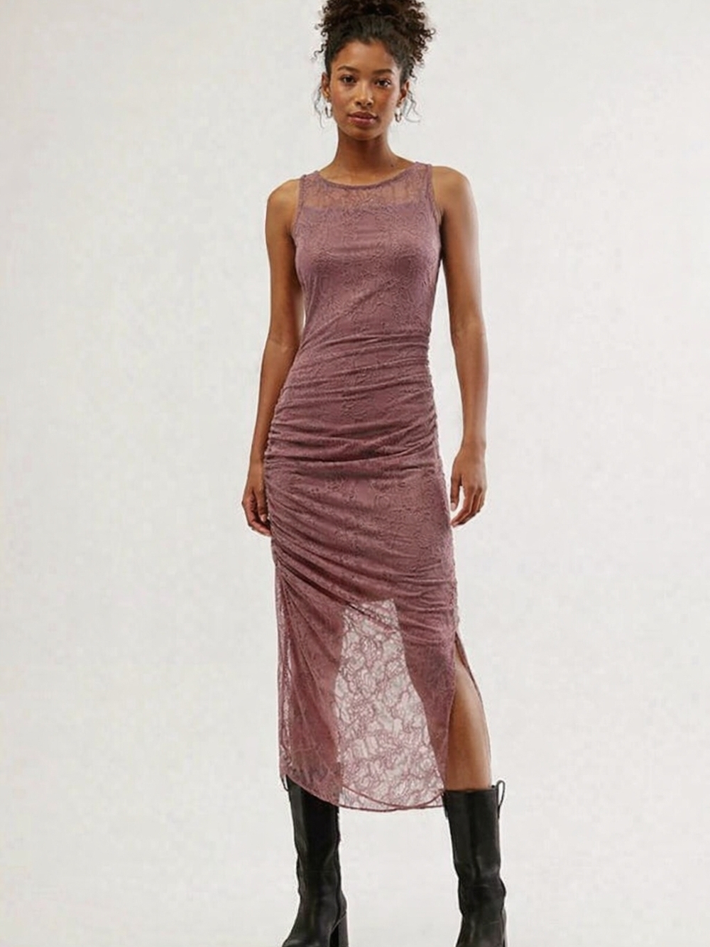 NWT Free People Lindsey Lace Bodycon Midi Dress Ruched Festival Romantic Mauve M